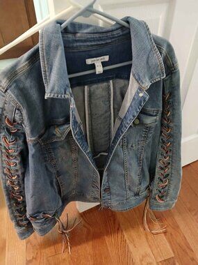 Peace Love World Hobo Denim Jacket Faux leather tassels Size Womens XL